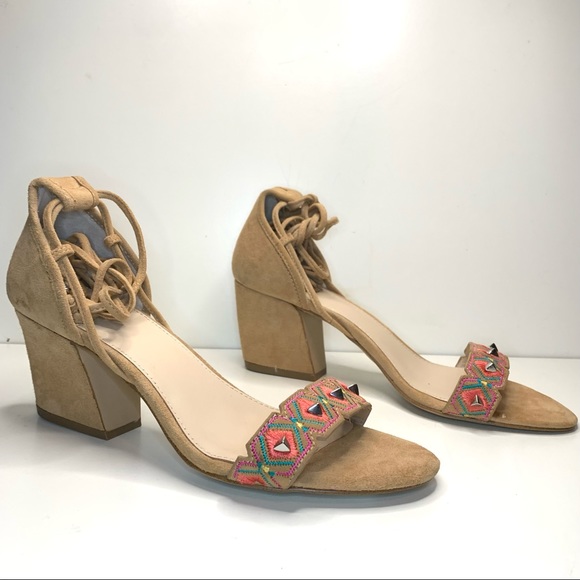 NWOT Vintage Botkier Suede Penelope City Sandal Lace Up Aztec Beaded Heel - Picture 8 of 14